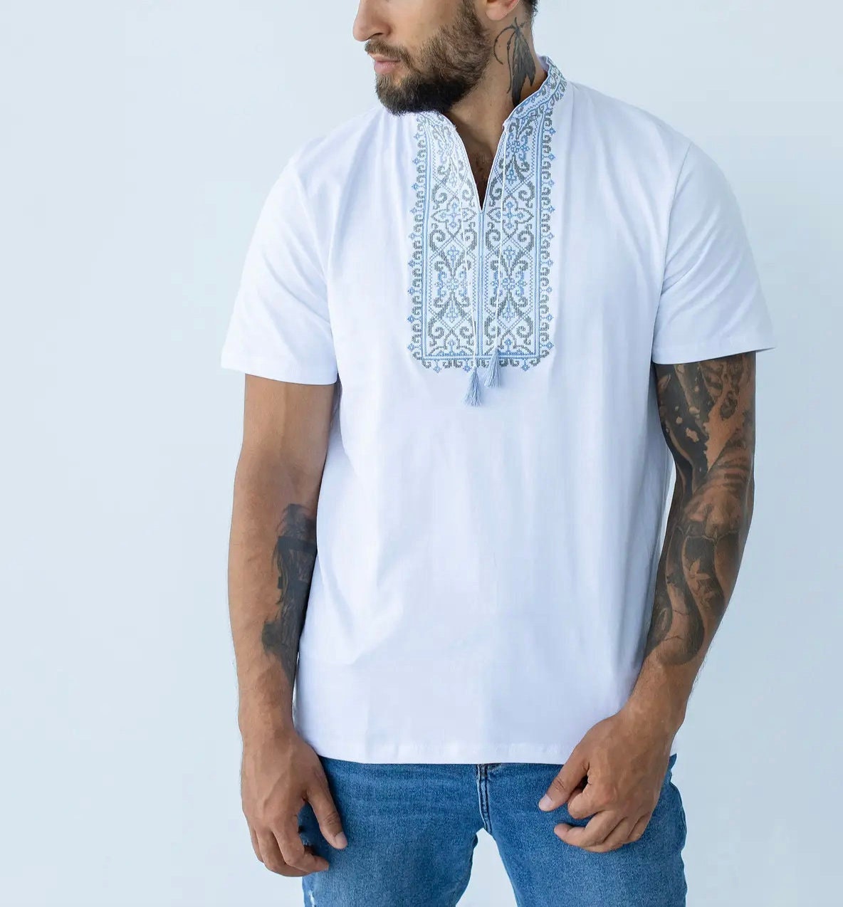 Elegant White Embroidered T-Shirt for Men White with Blue