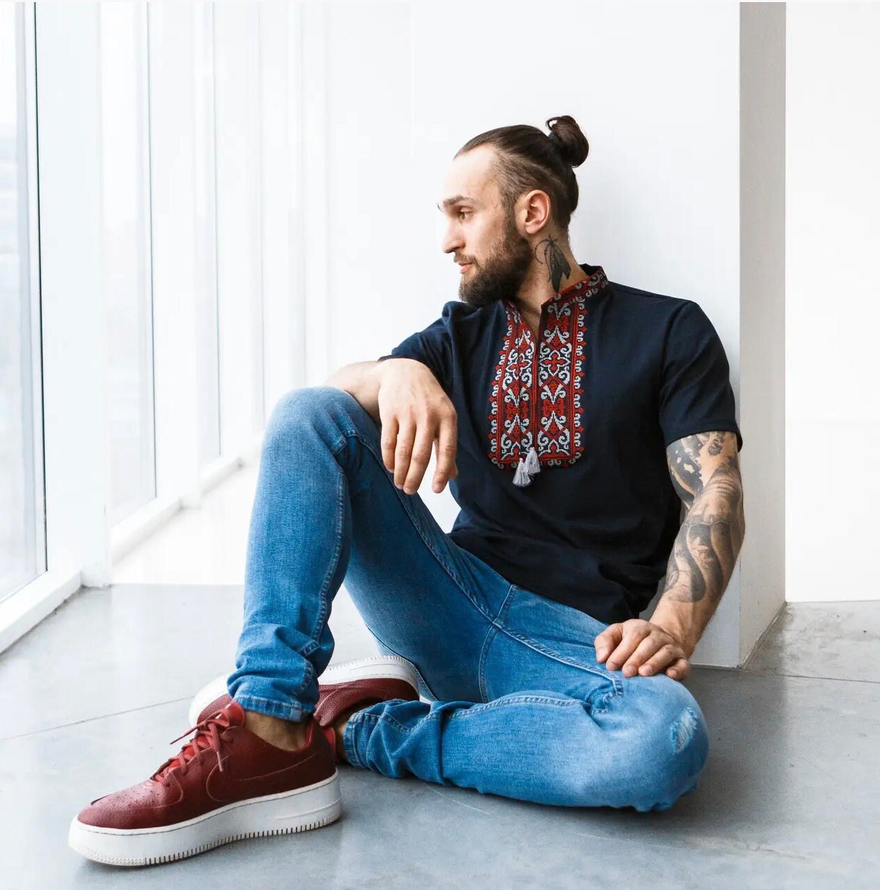 Elegant Boho Embroidered Ukrainian T-Shirt for Men Black Base with Red Embroidery