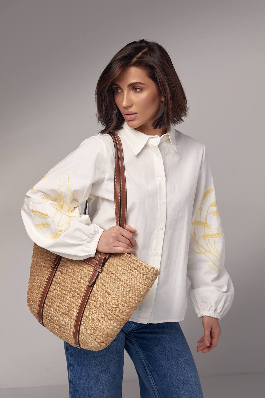 Embroidered Summer Shirt for Women Bold White Base and Rye Corn Motif