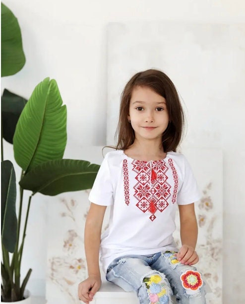 2-12YO Modern White Ukrainian T-Shirt for Girls with Red Embroidery