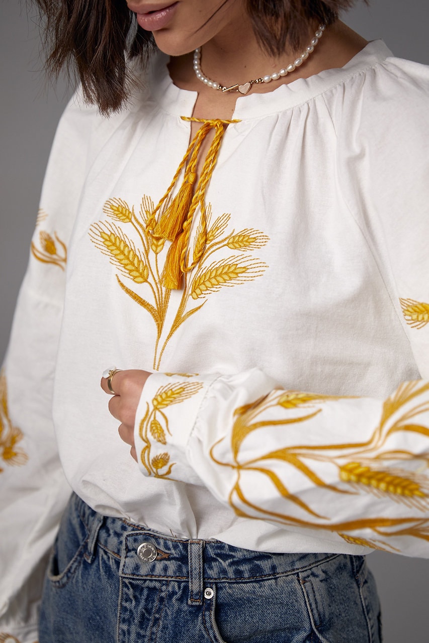 White Base Ukrainian Blouse with Golden Rye Corn Embroidery – Elegance Rooted in Tradition