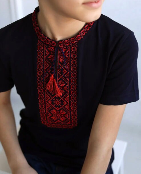 2-13YO Striking Boys’ Vyshyvanka T-Shirt in Navy with Red Geometric Embroidery