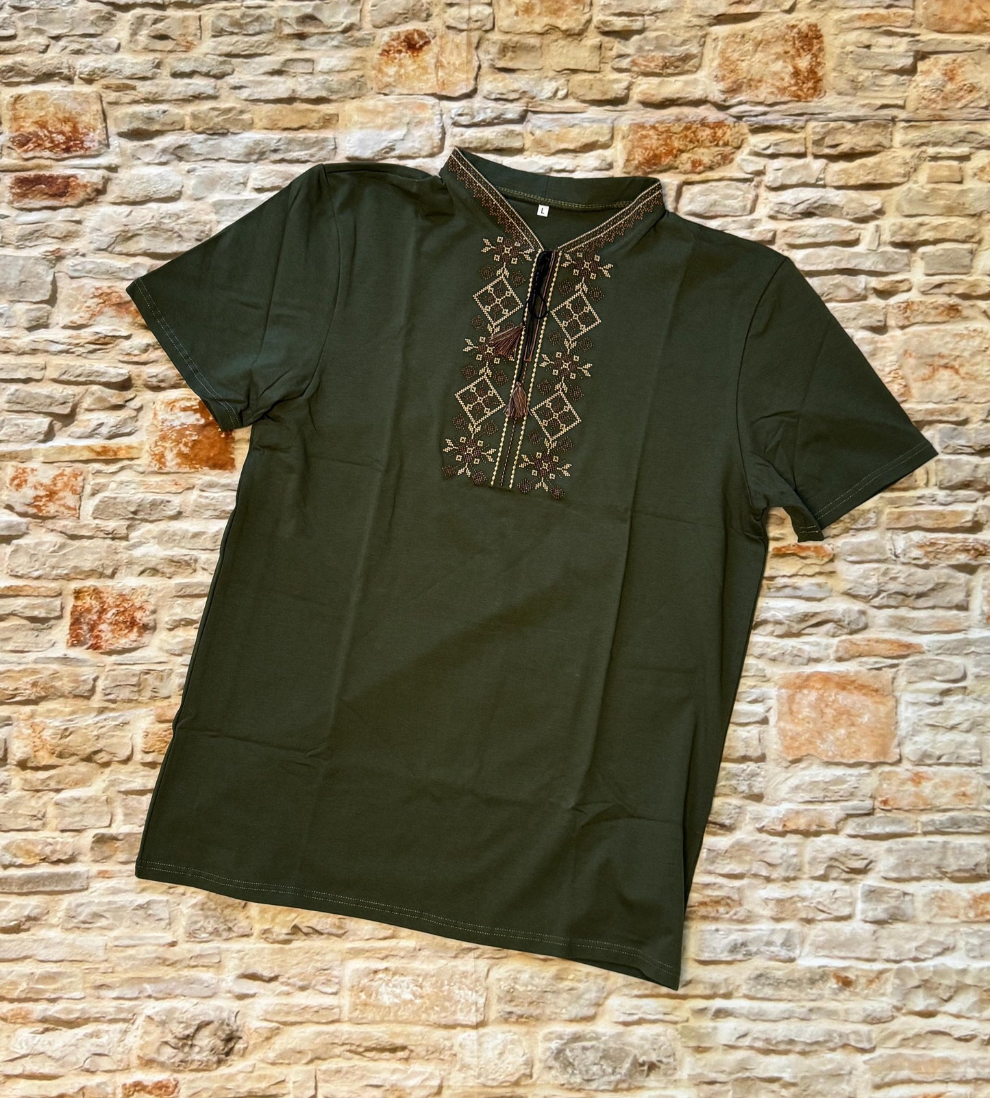 S-3XL Modern Embroidered Ukrainian T-Shirt for Men Green Base with Beige Brown Embroidery
