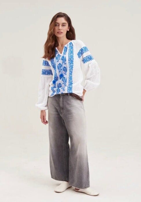 S-4XL Knitted Ukrainian Blouse – Crochet Top with Beautiful Blue Embroidery Pattern