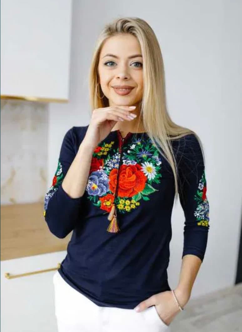 Folk Nouveau Navy Blue Ukrainian Blouse with Vibrant Floral Embroidery