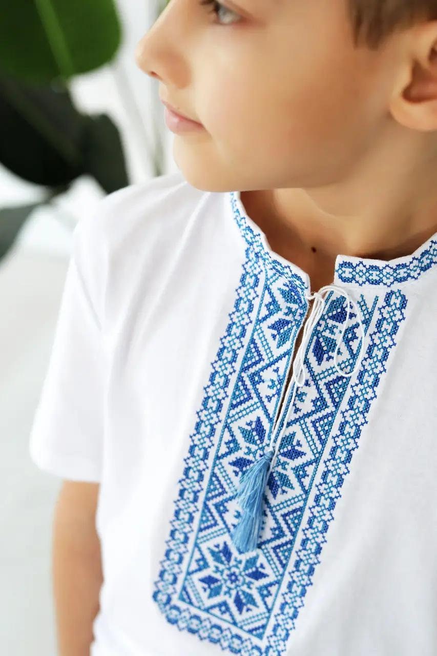 1-13YO White Traditional Ukrainian T-Shirt Vyshyvanka for Boys with Blue Embroidery