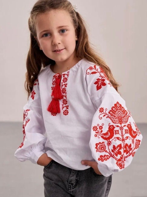 Modern Cotton Ukrainian Vyshyvanka Blouse for Girls with Red Embroidered Bird Motif