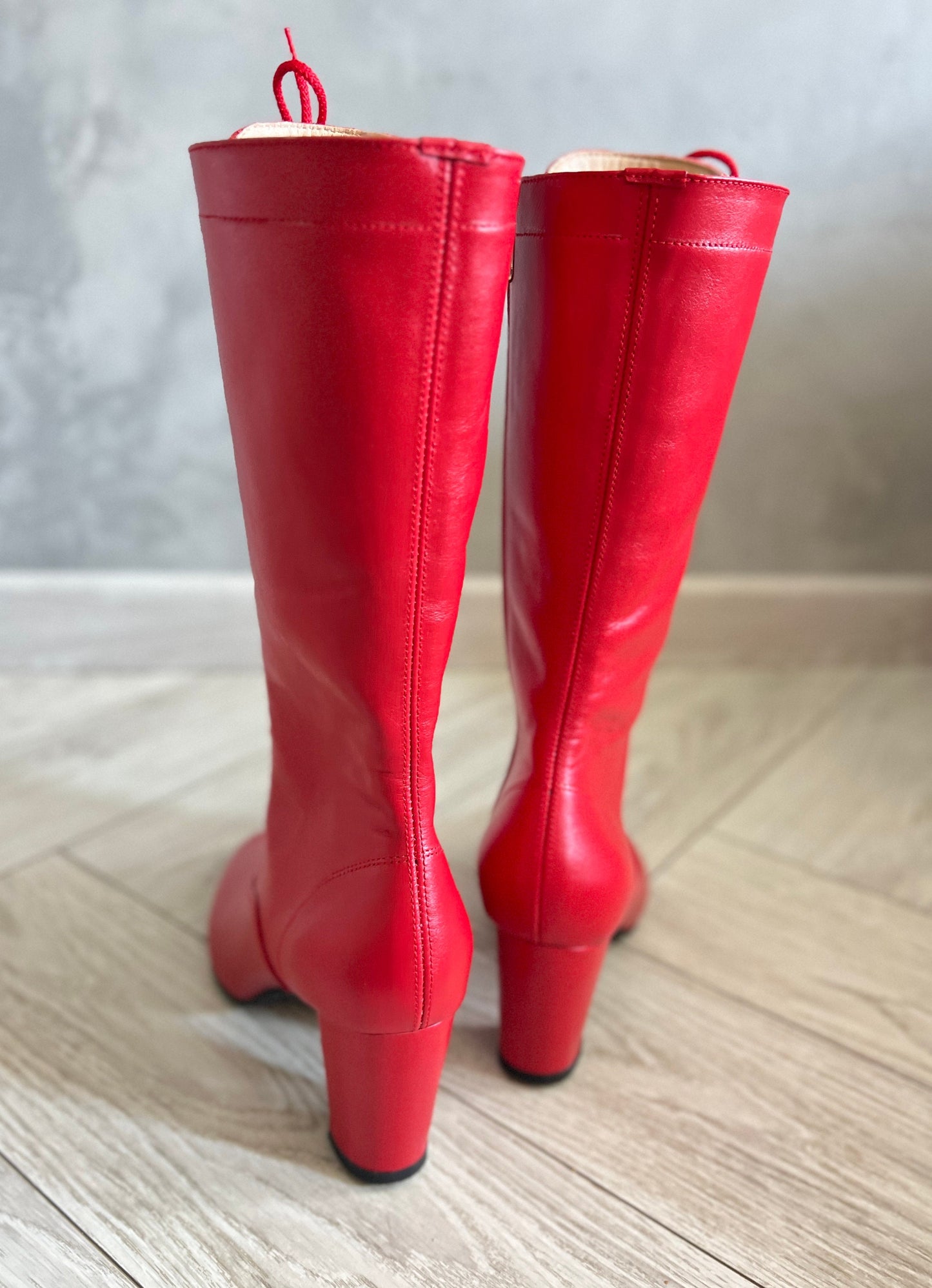 Red Leather Ukrainian Folk Dance Boots with Heel & Lace-Up Front