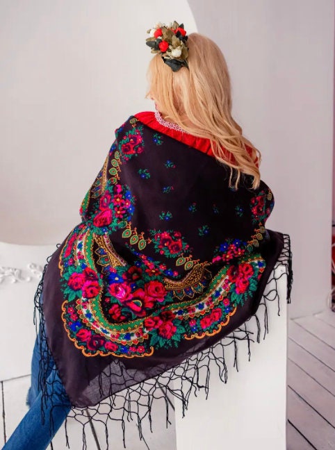 Large Black Floral Shawl with Tassels Babushka Scarf from Ukraine
