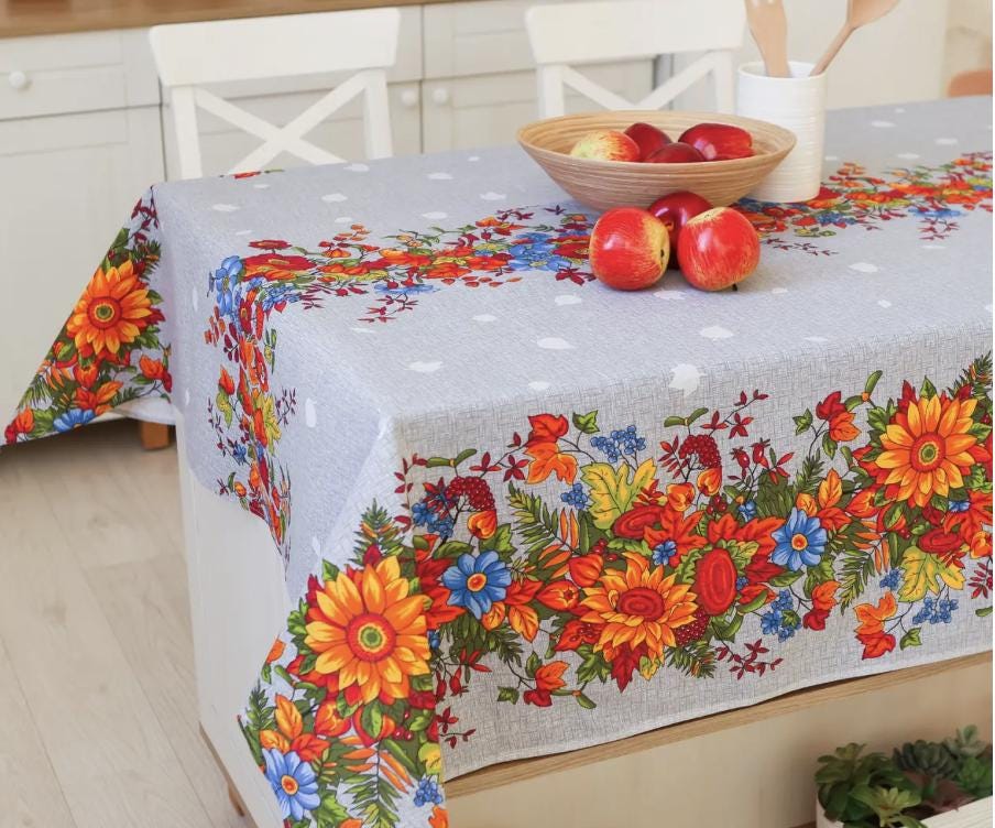 Bright Ukrainian Folk Table Cloth with Traditional Floral Pattern