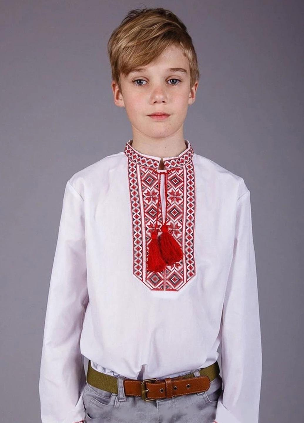 2-15YO Traditional Ukrainian Embriodered Sorochka Shirt for Boys with Red Embroidery