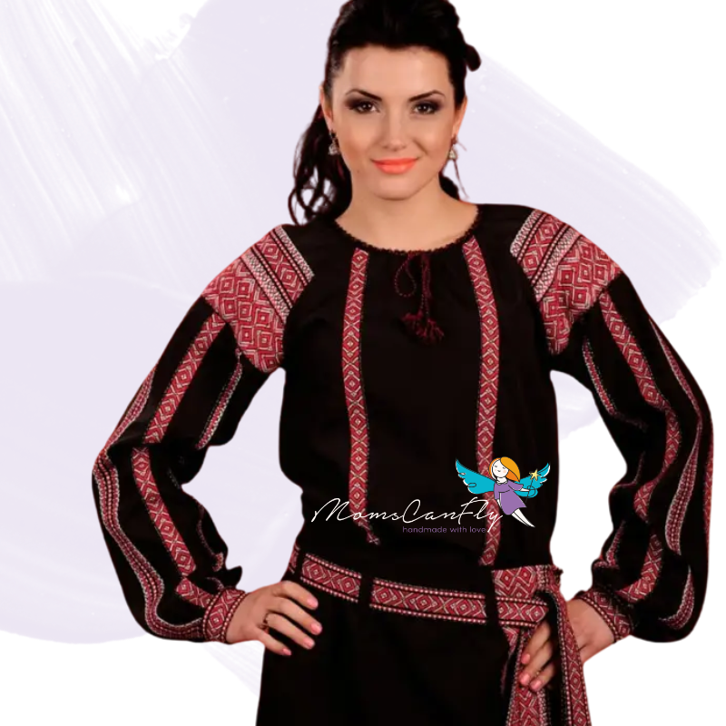 S-6XL Black Traditional Ukrainian Embroidered Blouse with Red Folk Motifs