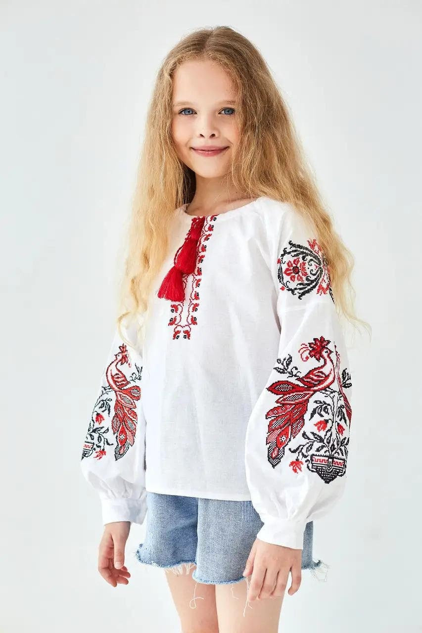 Amazing White Ukrainian Cotton Phoenix Embroidered Ukrainian Blouse for Girls