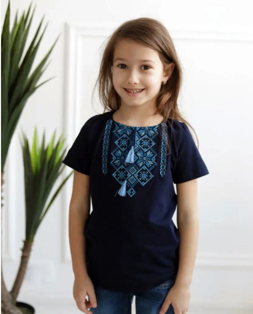 2-12YO Traditional Folk Blue Ukrainian T-Shirt for Girls with Geometric Pattern