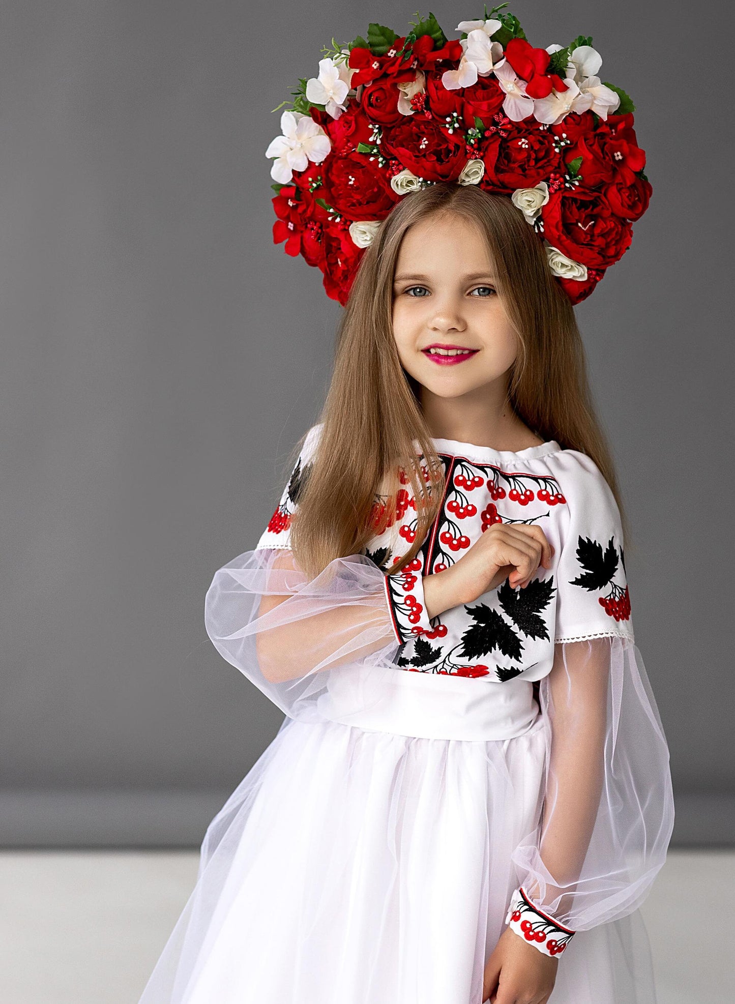 White Boho Ukrainian Dress with Kalyna Embroidery & Tulle Accents Vyshyvanka Dress for Girls