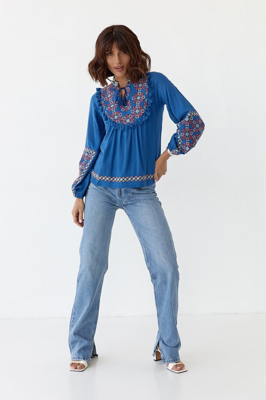 Folk Nouveau Blue Embroidered Ukrainian Resourt Vacation Blouse