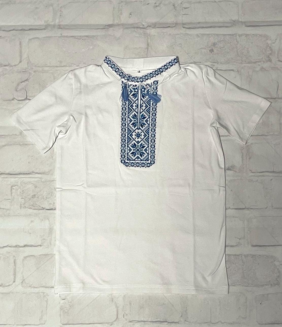 1-13YO White Traditional Ukrainian T-Shirt Vyshyvanka for Boys with Blue Embroidery