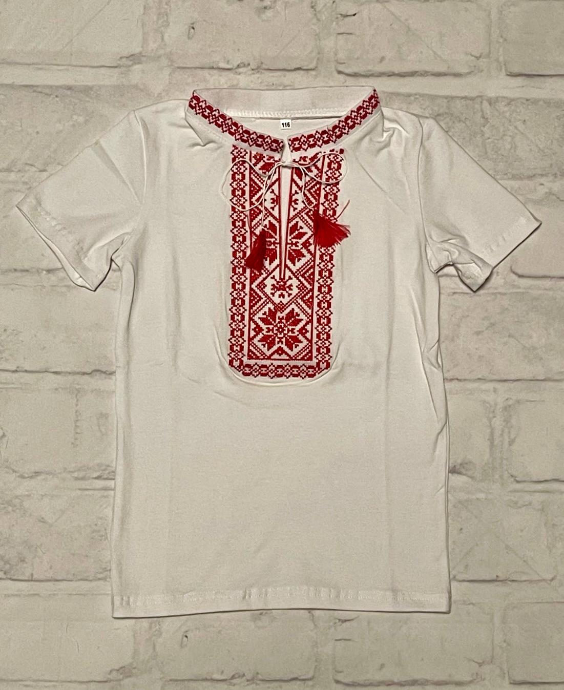 2-13YO Traditional White Ukrainian T-Shirt for Boys with Red Embroidery
