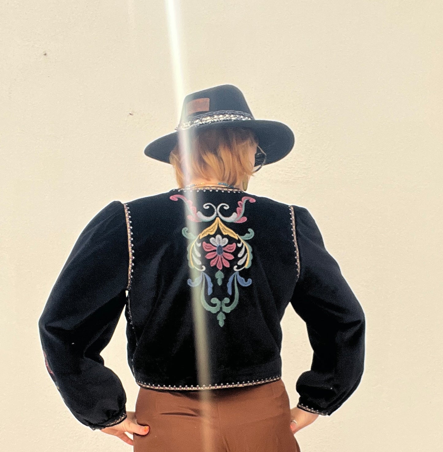 Embroidered Chique Black Crop Top Open Velvet Boho Jacket for Women