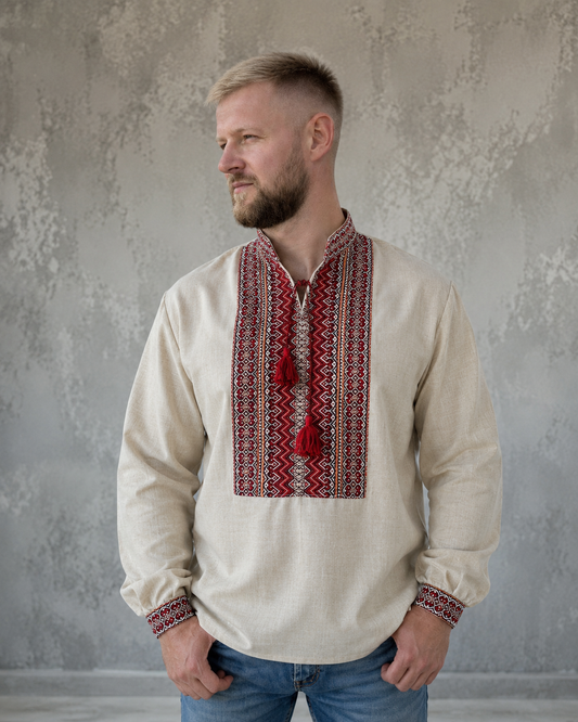 XXS-7XL Traditional Beige Embroidered Shirt for Men