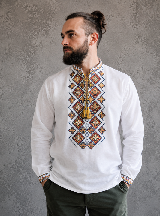 Traditional Ukrainian Vyshyvanka Long Sleeve Shirt with Blue Embroidery for Men