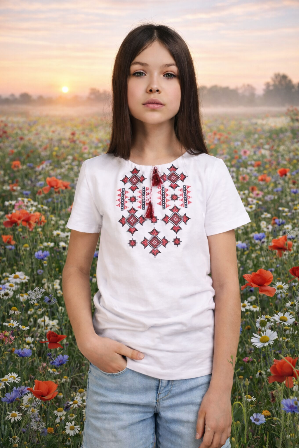 Modern Ukrainian Cotton Embroidered Vyshyvanka T-Shirt Blouse for Girls