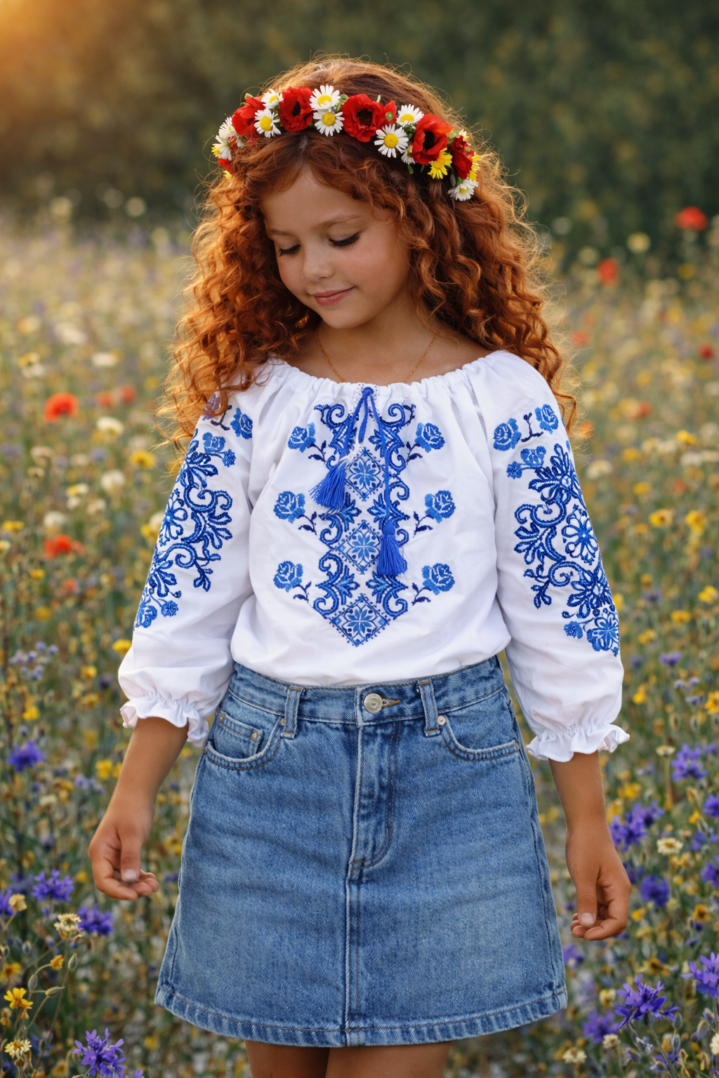 Ukrainian Folk embroidered Vyshyvanka Blouse for Girls with Blue Motif