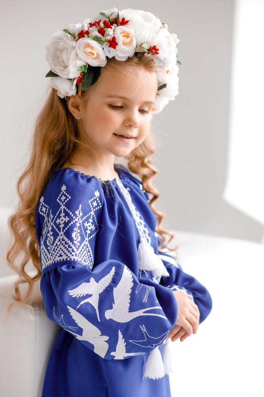 Beautiful Blue Ukrainian Vyshyvanka Dress in Patriotic Color for Girls