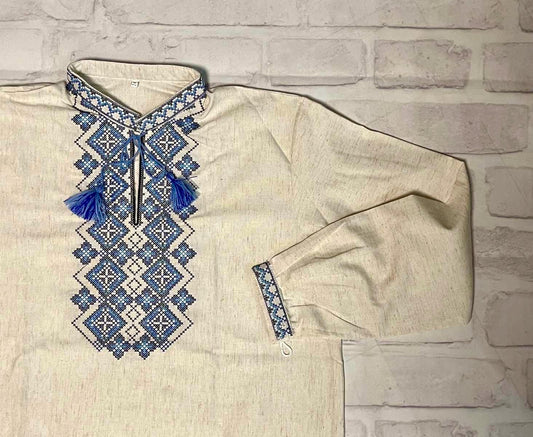 Linen Traditional Ukrainian Vyshyvanka Shirt for Men with Blue Embroidery