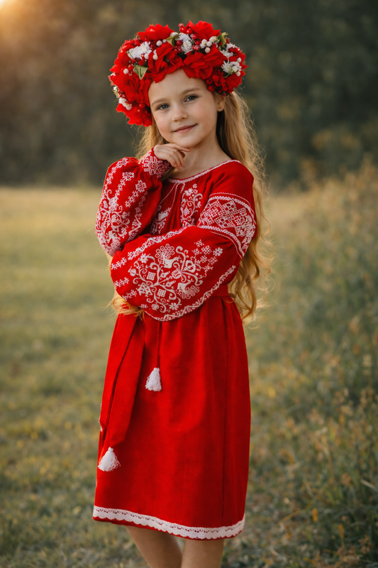 Beautiful Ukrainian Dress for Girls with White Embroidery and Matching Belt