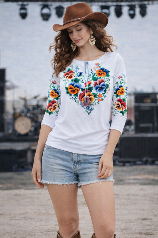 Boho Chic White Ukrainian Blouse with Forget-Me-Not Floral Embroidery