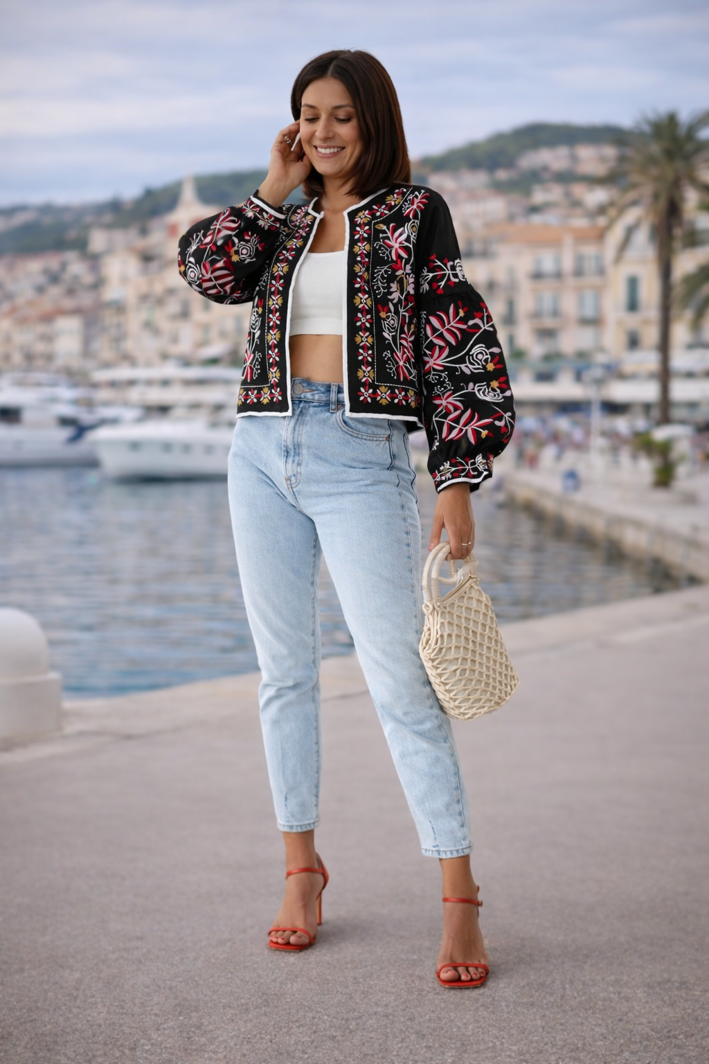 Black Crop Top Boho Summer Embroidered Floral Jacket