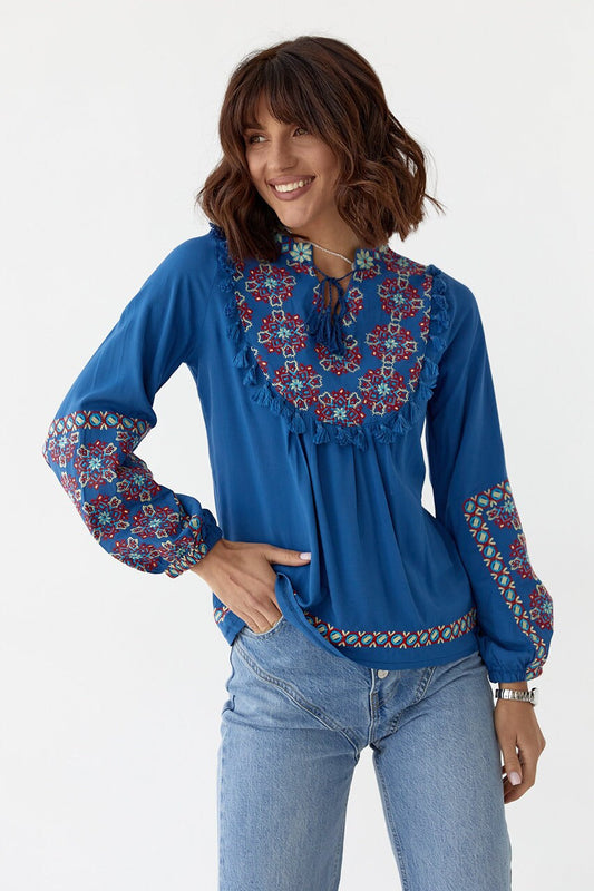 Folk Nouveau Blue Embroidered Ukrainian Resourt Vacation Blouse