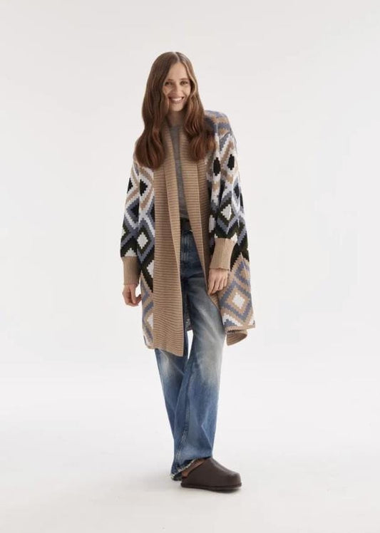 Warm Knitted Cardigan Elegant Blend of Brown Blue and White