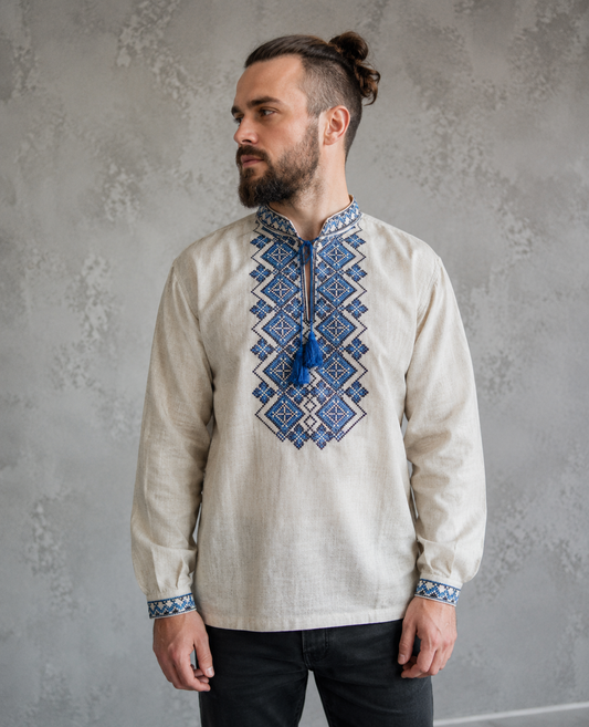 Linen Traditional Ukrainian Vyshyvanka Shirt for Men with Blue Embroidery