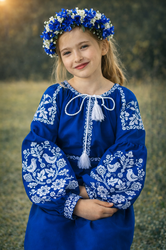 Beautiful Blue Vyshyvanka Ukrainian Dress for Girls With Floral Embroidery