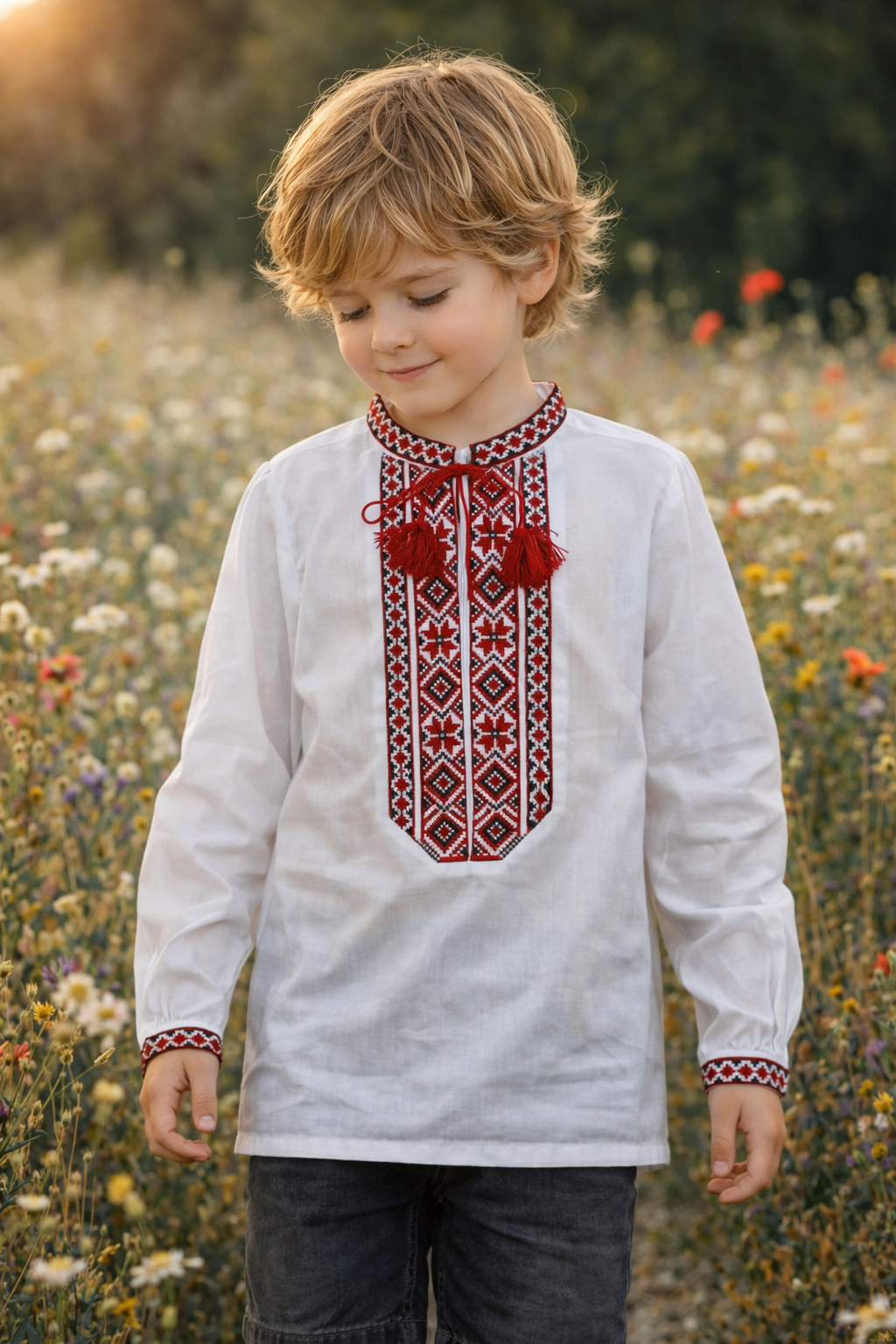 3-15YO Traditional Ukrainian Sorochka Shirt for Boys with Red Embroidery