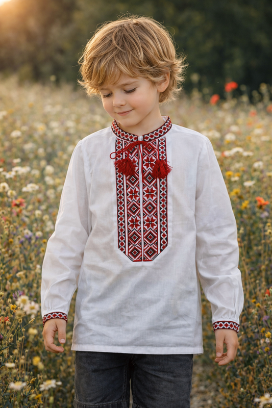3-15YO Traditional Ukrainian Sorochka Shirt for Boys with Red Embroidery