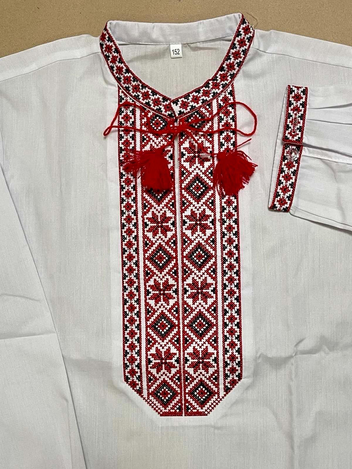 2-15YO Traditional Ukrainian Embriodered Sorochka Shirt for Boys with Red Embroidery