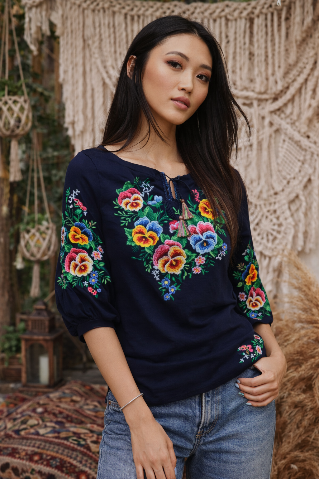 Charming Navy Vyshyvanka Blouse with Colorful Floral Forget-Me-Not Floral Embroidery