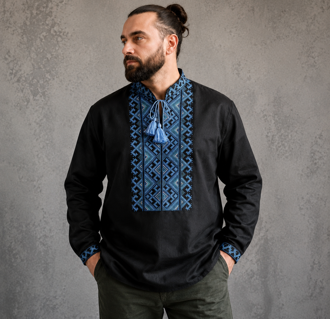 XXS-7XL Traditional Black Ukrainian Vyshyvanka with Blue Embroidery for Men