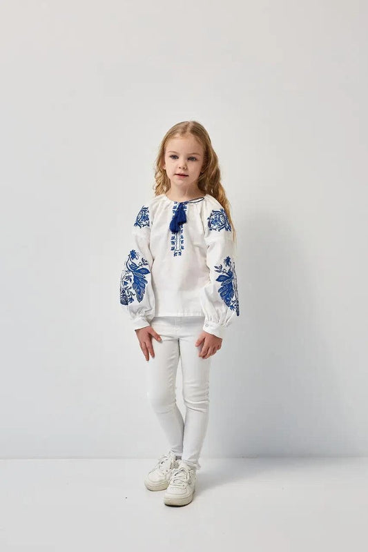 White Ukrainian Phoenix Embroidered Cotton Vyshyvanka Blouse for Girls