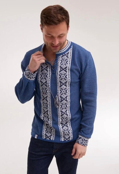 S-4XL Modern Blue Knitted Linen Ukrainian Shirt for Men