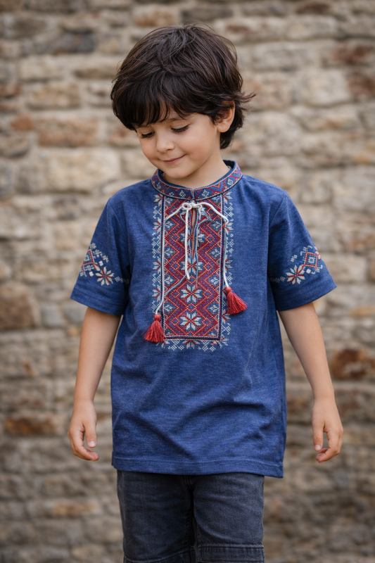 Ukrainian Boy’s Blue Cotton T-Shirt with Embroidery