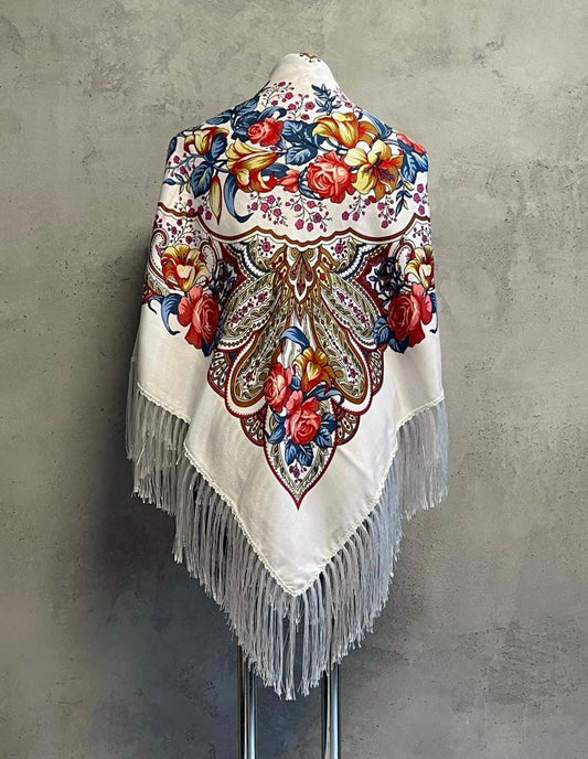 Gorgeous Large Cream Floral Ukrainian Shawl with Tassels