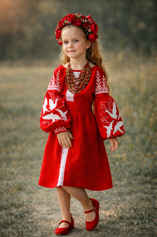 Beautiful Ukrainian Embroidered Dress for Girls with Lastivky Crochet Inserts and Belt