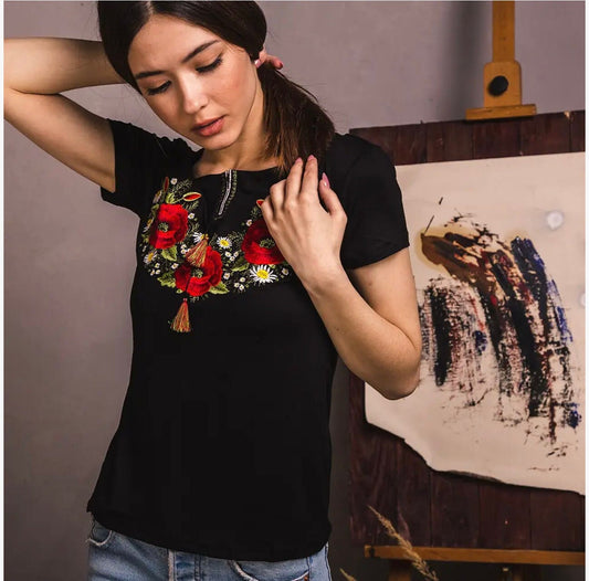 Black Boho Ukrainian T-Shirt for Women with Flower Embroidery