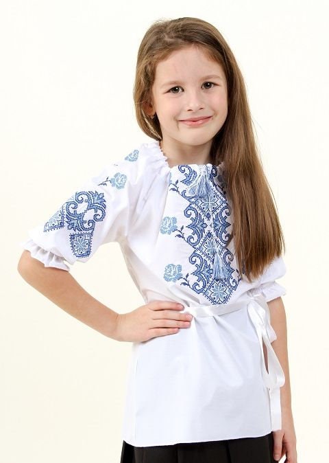 Ukrainian Folk embroidered Vyshyvanka Blouse for Girls with Blue Motif