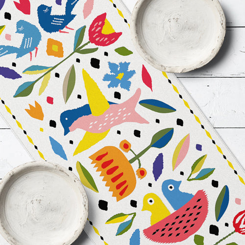 Folk Nouveau Table Runner with Vibrant Birds and Floral Motifs