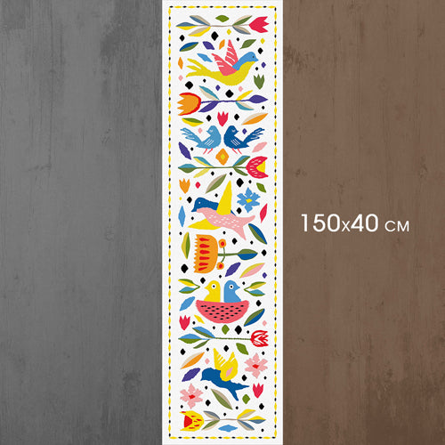 Folk Nouveau Table Runner with Vibrant Birds and Floral Motifs